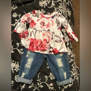Long sleeve, floral print top with jeans. Baby girl size 6-12 months outfit.